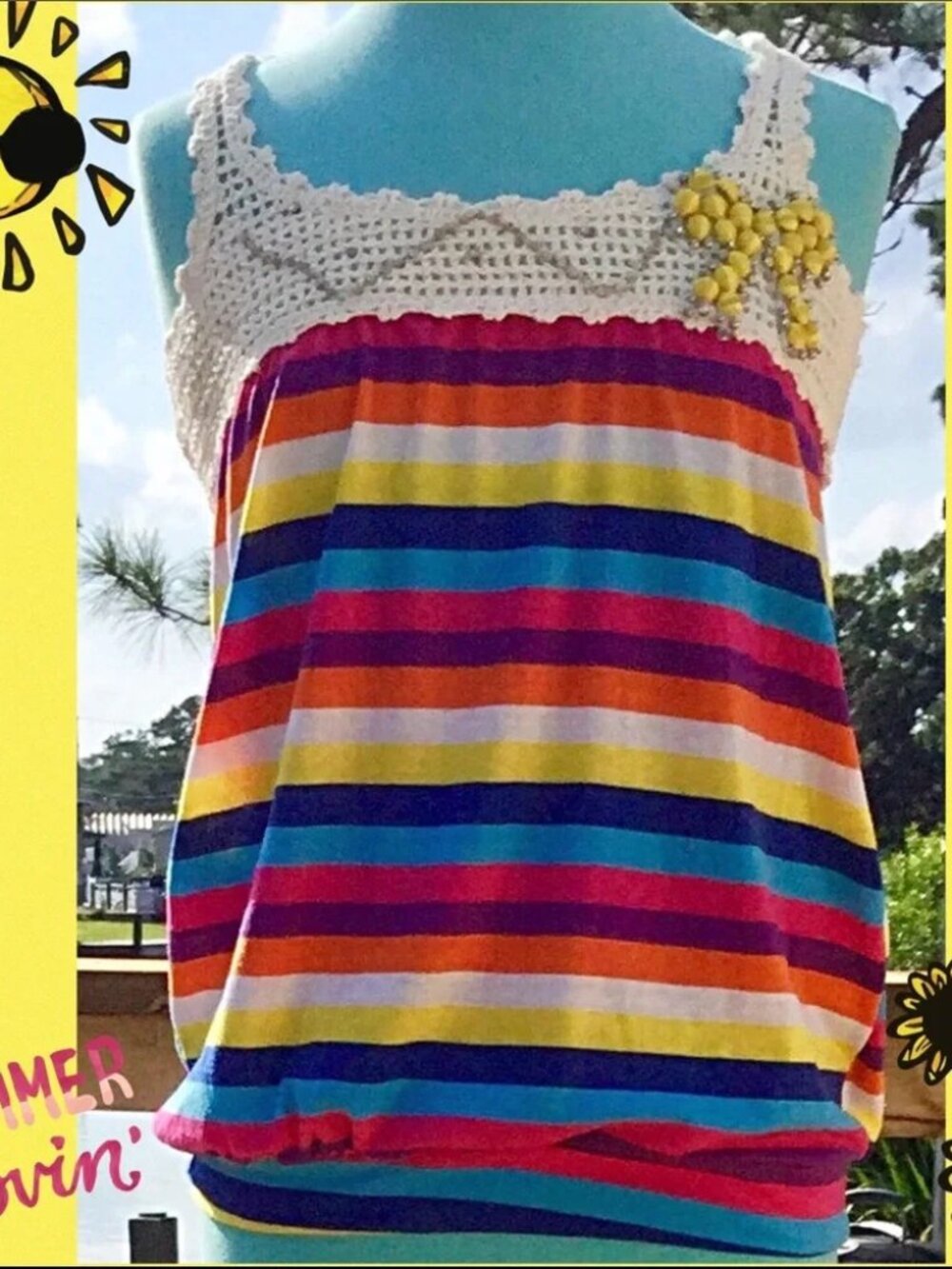 Ceres Y2K Vibe Boho Crochet Blouson Tank Top w/Bling & Rainbow Colors Sz. L